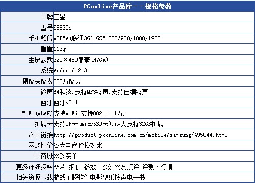 三星S5830i规格参数