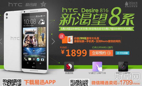 HTC Desire 816抢购火爆 1分钟内卖出1万台