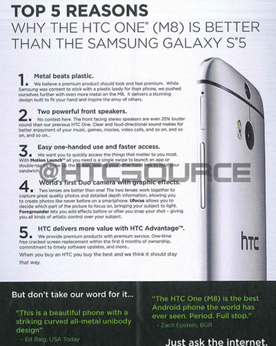 HTC内部培训资料显示：One M8相较于Galaxy S5显五大优势