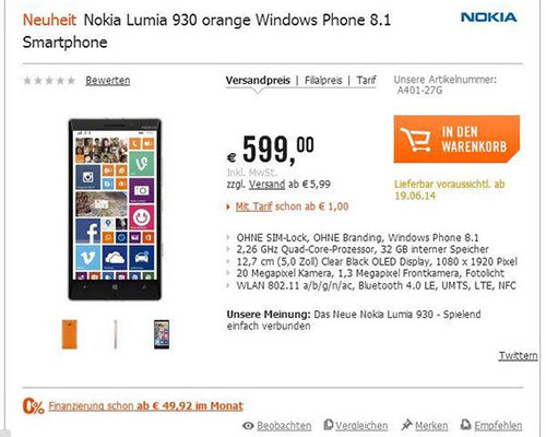 诺基亚Lumia 930开启预售 预售价为5160元