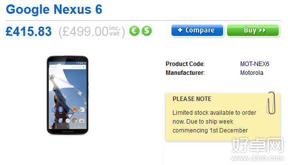 Nexus 6英国地区开启预定 售价415.83英镑