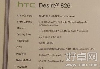 CES2015新品预告：HTC Desire 826配置公布