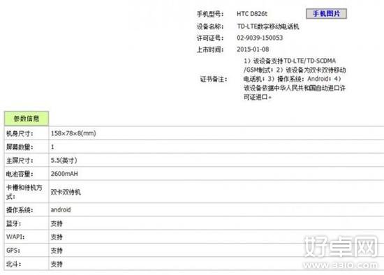 HTC Desire 826将推双版本 移动4G版已获入网许可